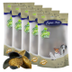 Fünf Lyra Pet Nature Power Hundesnack-Beutel mit goldenem 15-Jahres-Siegel, geschnittene Kausnacks und Hundebildern.