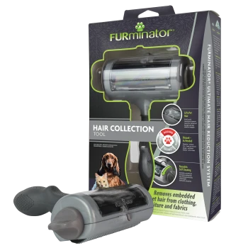FURminator Hair Collection Tool Box und graues Rollwerkzeug, Verpackung zeigt Hund und Katze und sichtbaren Text "Hair Collection Tool".