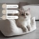 Eine hellfarbige Katze ruht sich in einem beigen Haustierbett auf einer weißen Oberfläche aus, beschriftet mit "der Lieblingsplatz der Katzen".