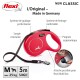 Laisse rétractable pour chien rouge Flexi avec poignée ergonomique, d'une longueur de 5m pour des chiens jusqu'à 25kg, étiquetée avec les caractéristiques clés en français.