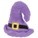 Purple plush witch hat with black band and gold buckle, pet toy from an online store.