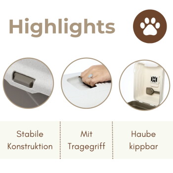 Highlights: drei Bilder eines Tiertransporters mit den deutschen Beschriftungen 'Stabile Konstruktion', 'Mit Tragegriff', 'Haube kippbar'.