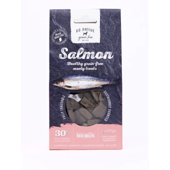 "Go Native" grain-free dog treats packaging showcases salmon-flavored squares, highlighting 30% meat, traceable ingredients, and no additives.
