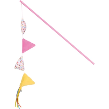A pink cat toy wand with colorful fabric shapes, including a polka-dotted triangle, a pink triangle, and a yellow triangle, with ribbons.