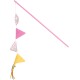 A pink cat toy wand with colorful fabric shapes, including a polka-dotted triangle, a pink triangle, and a yellow triangle, with ribbons.