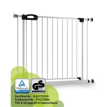 Ein weißes Haustiersicherheitsgitter mit einem schwarzen Griff, mit TÜV- und GS-Zertifizierungslogos, vor einem weißen Hintergrund präsentiert.