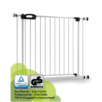 Ein weißes Haustiersicherheitsgitter mit einem schwarzen Griff, mit TÜV- und GS-Zertifizierungslogos, vor einem weißen Hintergrund präsentiert.