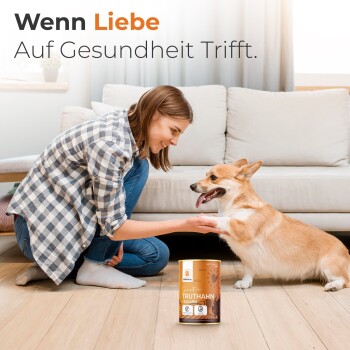 Eine Frau in einem karierten Hemd kniet auf einem Holzboden mit einem glücklichen Corgi und Haustierfutter, das mit "Truthahn" beschriftet ist. Der Text lautet: "Wenn Liebe auf Gesundheit trifft."