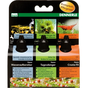 Ensemble de soins complet par Dennerle pour aquariums nano, comprenant trois bouteilles : conditionneur d'eau, engrais quotidien et Crusta-Fit pour crevettes.