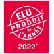Rode badge met witte tekst die zegt 'ELU PRODUIT DE L'ANNÉE 2022*' en een productprijs aangeeft.