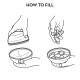 Illustration showing three steps to fill a pet food bowl: 1) placing the bowl, 2) adding food, 3) bowl filled with food. Text reads "HOW TO FILL."