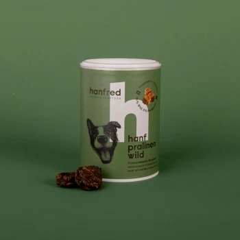 Behälter mit "hanf pralinien wild" Hundeleckerlis von Hanfred, mit einer Zeichnung eines Hundes, mit zwei Leckerlis daneben auf grünem Hintergrund.