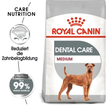 Royal Canin Dental Care Hundefutterbeutel mit einem mittelgroßen Hund, mit Text, der die reduzierte Plaquebildung und bis zu 99% weniger Zahnstein hervorhebt.