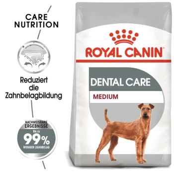 Royal Canin Dental Care Hundefutterbeutel mit einem mittelgroßen Hund, mit Text, der die reduzierte Plaquebildung und bis zu 99% weniger Zahnstein hervorhebt.