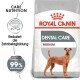 Royal Canin Dental Care Hundefutterbeutel mit einem mittelgroßen Hund, mit Text, der die reduzierte Plaquebildung und bis zu 99% weniger Zahnstein hervorhebt.