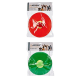 Zwei bunte Hundefrisbees, eine rote und eine grüne, verpackt mit einem Etikett mit der Aufschrift 'MASCOW Disco volador', das Bilder von Hunden zeigt.