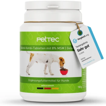 PetTec Gelenk-Kombi-Tabletten für Hunde, mit einem Hund, der aus einer roten Schüssel frisst, mit einem Etikett, das "8% MSM" und "Ergänzungsfuttermittel für Hunde" angibt.