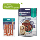 Zwei Verpackungen Hundeleckerlis: links, "Premiere. Chew It" mit Enten-Geschmack; rechts, "Premiere. I love my dog" mit einem glücklichen Hundebild.