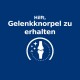 Hilft, Gelenkknorpel zu erhalten - Weiße Schrift auf blauem Hintergrund mit einem Symbol eines Kniegelenks, umgeben von Funkeln.
