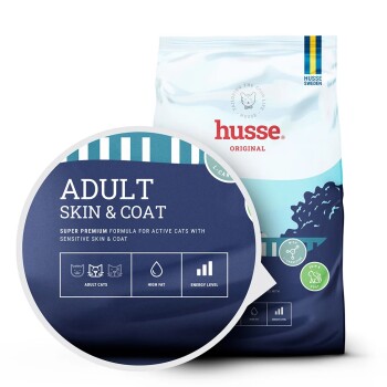 "Lyster Care" Katzenfutterbeutel mit Fütterungshinweisen: 3-4kg (25-35g), 4-5kg (35-55g), 5-7kg (55-75g).