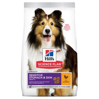 Hill's Science Plan Hundefuttertüte mit einem lächelnden Collie. Der Text hebt "Sensitive Stomach & Skin" hervor, mit Huhn als Hauptzutat.
