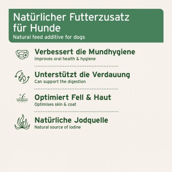 Natürlicher Futterzusatz für Hunde, der Vorteile hervorhebt: verbessert die Mundgesundheit, unterstützt die Verdauung, optimiert Haut & Fell, natürliche Jodquelle.