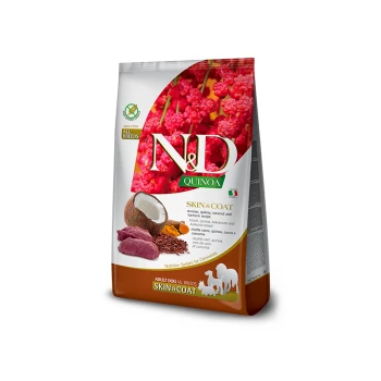 Hundfuttertüte mit der Aufschrift "N&D Quinoa Skin & Coat", die Zutaten wie Wild, Quinoa, Kokosnuss und Kurkuma enthält, geeignet für alle Rassen.