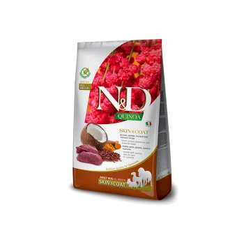 Torba z karmą dla psów oznaczona 'N&D Quinoa Skin & Coat' z składnikami z dziczyzny, quinoa, kokosa i kurkumy, odpowiednia dla wszystkich ras.