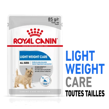 Pochette de nourriture pour chien Royal Canin Light Weight Care, 85g, avec une illustration de chien, mettant en avant les avantages de la gestion du poids.