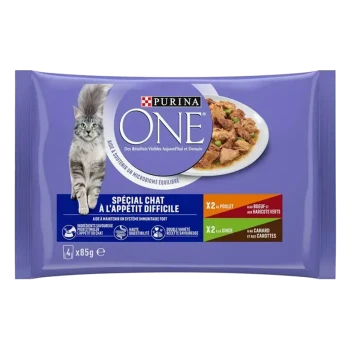 Emballage de nourriture pour chats Purina ONE présentant un chat tigré gris, étiqueté 'Spécial chat à l'appétit difficile,' avec des saveurs incluant poulet, bœuf et canard.