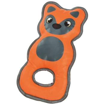 Orange-graues fuchsformiges Hundespielzeug mit Loch in der Mitte und genähten Kanten.