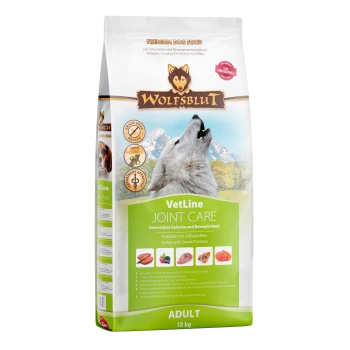 Premium-Hundefuttertüte mit der Aufschrift "WOLFSBLUT VetLine JOINT CARE," mit einem heulenden Wolf und Bildern von Truthahn und Süßkartoffeln, 12 kg.