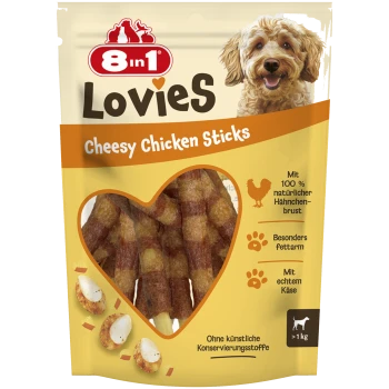 8 in 1 Lovies Cheesy Chicken Sticks Hundesnacks mit 100 % natürlicher Hähnchenbrust, fettarm, echter Käse, über 1 kg.