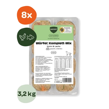 BARFER's Complete Würfel: Komplett‑Mix Huhn & Lachs Mini 400 g Schale für Hunde, Symbole: 8× und 3,2 kg