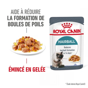 Pochette de nourriture pour chats Royal Canin Hairball, avec une assiette de nourriture humide et un texte indiquant qu'elle aide à réduire la formation de boules de poils en 14 jours.