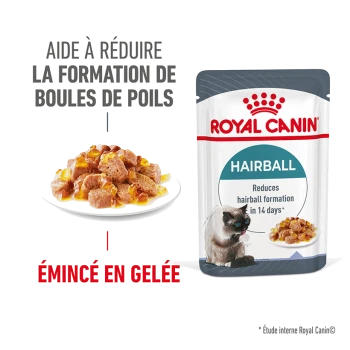 Pochette de nourriture pour chats Royal Canin Hairball, avec une assiette de nourriture humide et un texte indiquant qu'elle aide à réduire la formation de boules de poils en 14 jours.