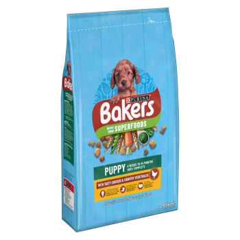 Bakers Superfoods puppy food bag, featuring a blue design, with text indicating it's suitable for puppies aged 6 weeks to 24 months.