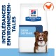 Sac de nourriture pour chiens Hill's Prescription Diet Derm Defense, avec un fond blanc, des accents bleus et le texte "INTOLÉRANCES ENVIRONNEMENTALES."