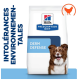 Sac de nourriture pour chiens Hill's Prescription Diet Derm Defense, avec un fond blanc, des accents bleus et le texte "INTOLÉRANCES ENVIRONNEMENTALES."