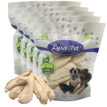 Verpackungen von Lyra Pet Nature Power getrockneten Hundekaustreifen, mehrere wiederverschließbare Beutel mit Hundeabbildungen und losen Kaustreifen.