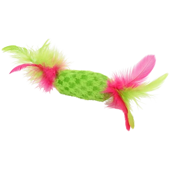 Bright green plush cat toy with pink and green feathers on each end, designed for interactive play.