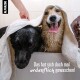 Ein schwarzer Labrador und ein nasser Corgi sitzen glücklich in einer mit Handtüchern bedeckten Badewanne. Text: "Das hat sich doch mal ordentlich gewaschen!"