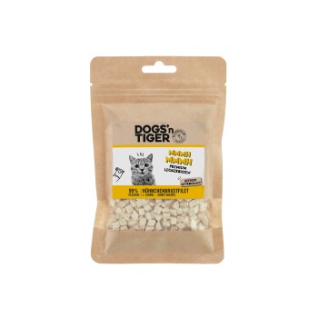 Eine Packung DOGS'n TIGER Premium-Katzenleckerlis mit einer verspielten Katzenillustration, beschriftet mit "MMMMH" und "Hühnchenbrustfilet," mit 99 % Fleischgehalt.