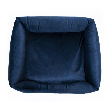 Navy-blaues Haustierbett mit plüschigem Stoff und erhöhten Rändern, entworfen für Komfort und Unterstützung.