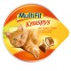 A playful orange cat is featured on a round packaging for MultiFit Knuspy treats, labeled "mit Huhn + Käse" (with chicken + cheese).
