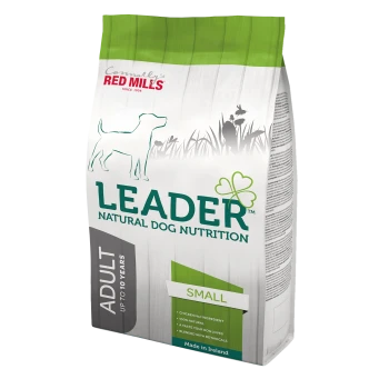 Bag of Leader Natural Dog Nutrition for small adult dogs, featuring a green top and "Chicken No. 1 Ingredient." Made in Ireland.