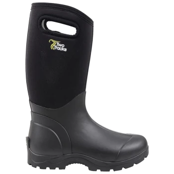 Schwarzer wasserdichter Gummistiefel mit einem Neopren-Obermaterial, ausgestattet mit einem Griff für einfaches Anziehen, markiert mit "Two Tracks."