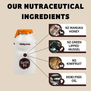 Weiße Flasche mit "Vitality Gravy" von Earthz Pet, die NZ Manuka-Honig, Grünlippmuschel, Kiwifrucht und Hoki-Fischöl auflistet.