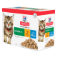 Die Hill's Science Plan Kittenfutterbox mit einer verspielten getigerten Katze, beschriftet mit "Lieblingsauswahl", mit 6 Portionen Huhn und 6 Portionen Meeresfisch.