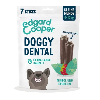 Edgard Cooper Doggy Dental Beutel, 7 Sticks; Kleine Hunde 0–10 kg; extra lange Kauzeit; Minzöl und Erdbeere; lächelnder Hund.